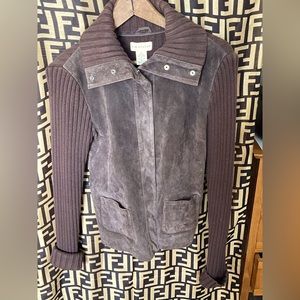 Brown leather front body sweater jacket